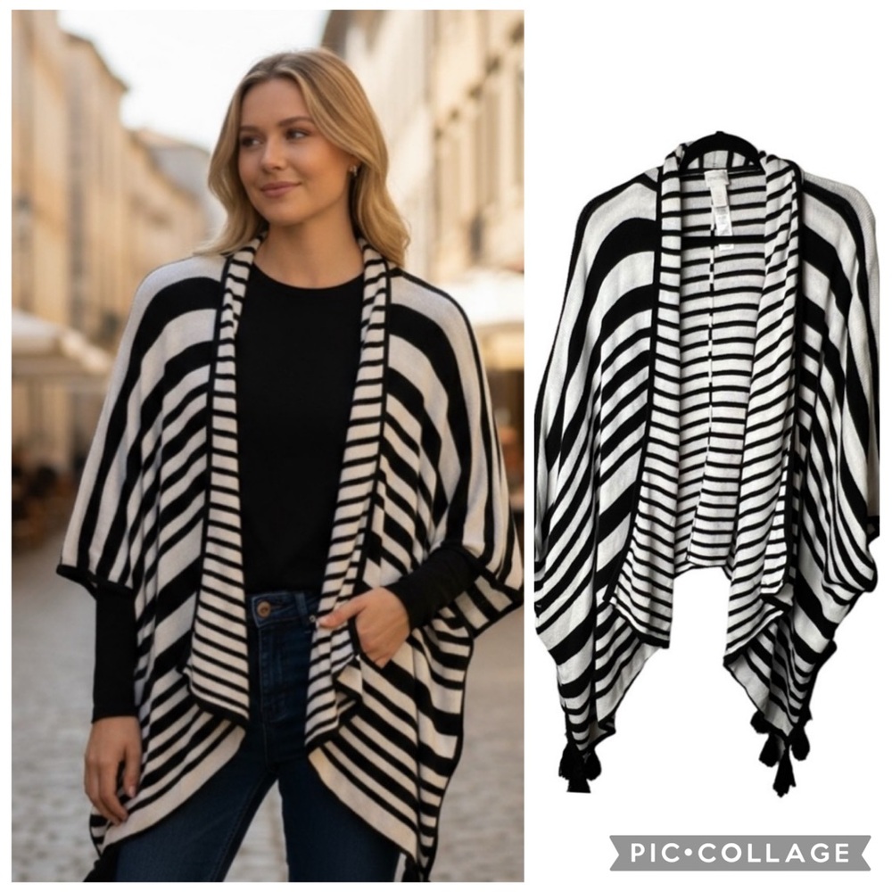 CHICO’S Sweater Poncho Shawl Cape Black/White Stripe Tassels One Size Blanket